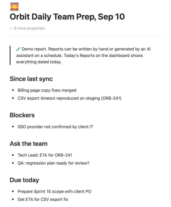 A sync prep: written by daily-team-prep: what moved, what is blocked, what to ask.